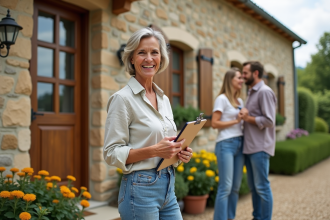 Femme souriante accueillant un couple devant un gîte rural