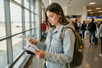 Adolescente de 16 ans consultant ses documents de voyage et son passeport dans un hall de départ d'aéroport moderne avant un séjour organisé par France CEI