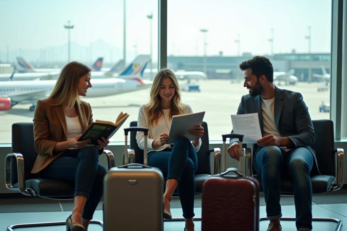 Groupe de voyageurs dans le hall de départ de l'aéroport de Los Angeles pour un vol court vers San Francisco