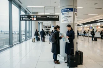 Hall des arrivées de l'aéroport de Narita Tokyo avec voyageuse consultant un plan