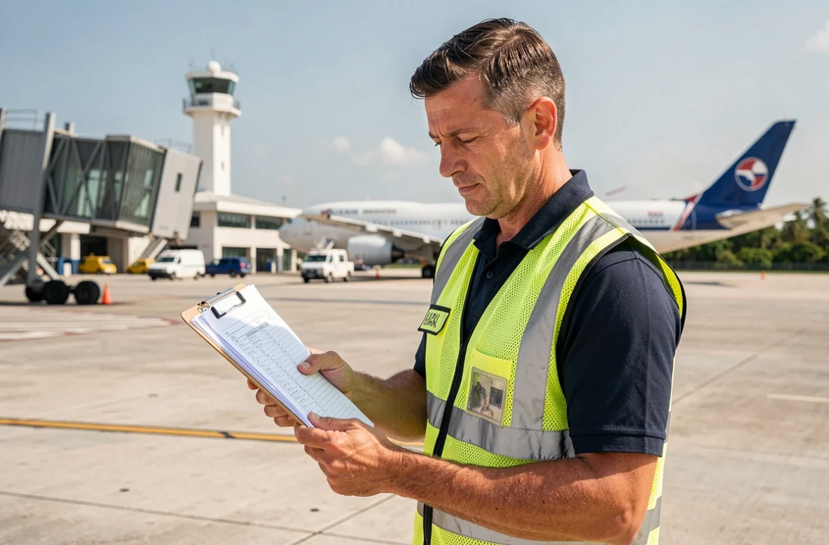 Agent aéroportuaire consultant un plan de vol sur le tarmac d'un aéroport tropical à La Réunion