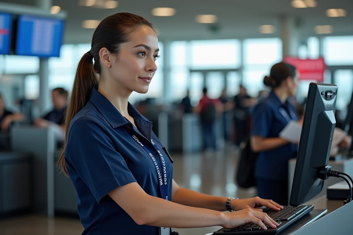 Agente Delta Airlines à la porte d'embarquement gérant les départs et la ponctualité des vols