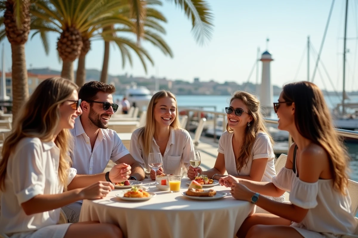 Groupe d amis au café près du port de Palma