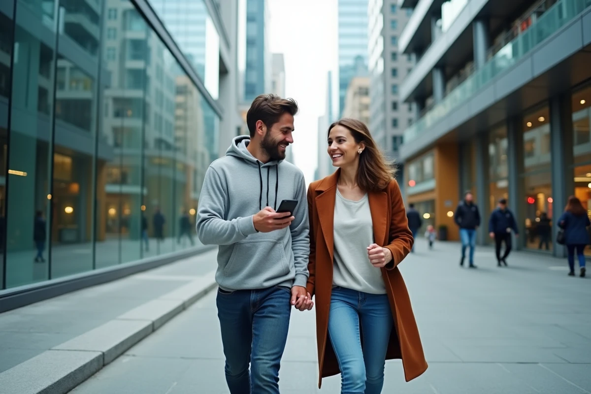 Deux amis marchant en ville et consultant ensemble un itinéraire à pied sur Google Maps