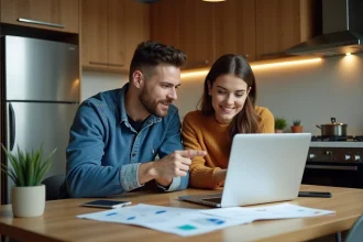 Deux amis discutent devant un ordinateur pour réserver un vol