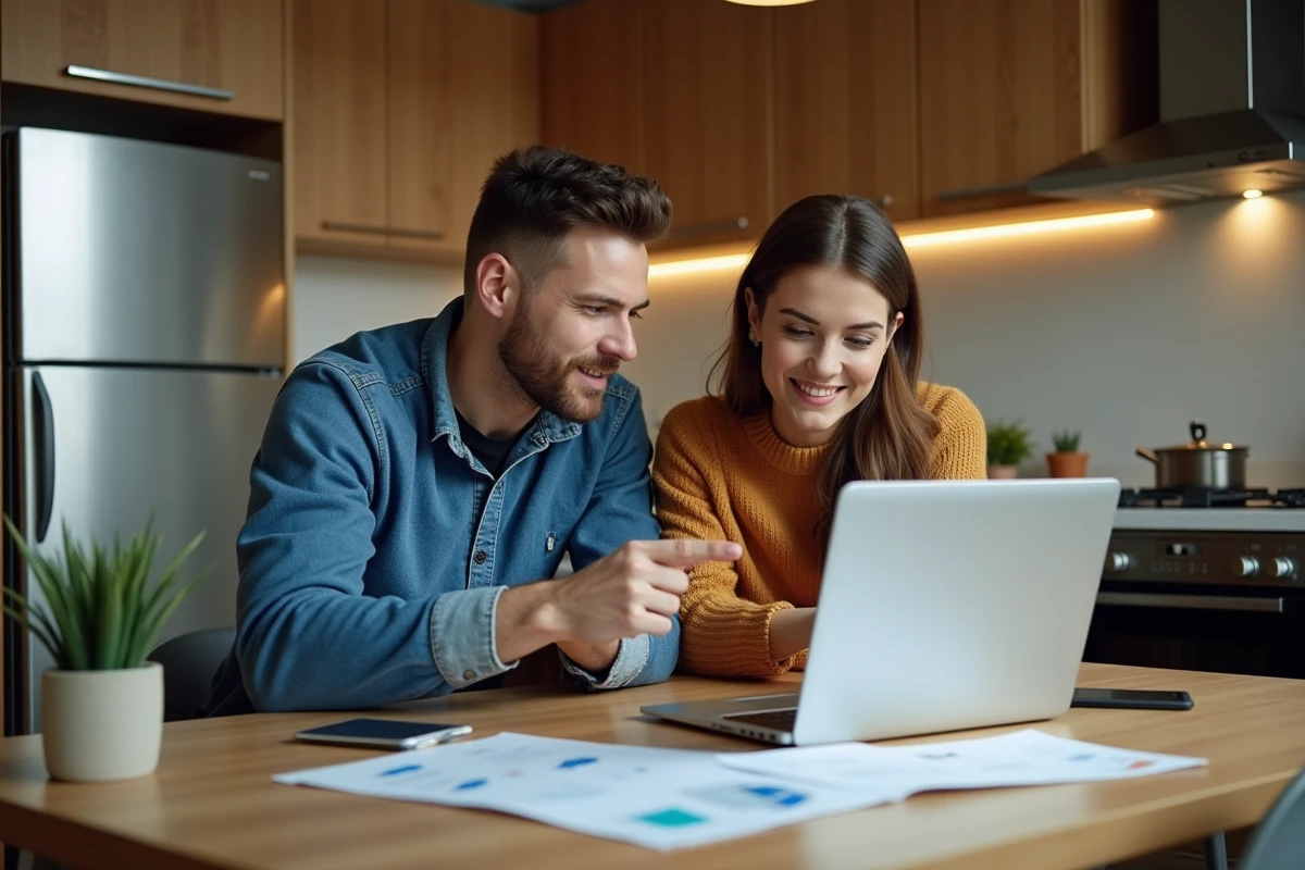 Deux amis discutent devant un ordinateur pour réserver un vol