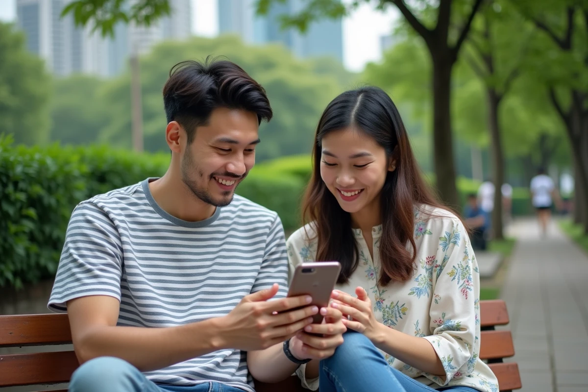 Deux amis en voyage en Asie comparant des offres eSIM multi-pays sur un smartphone dans un parc urbain