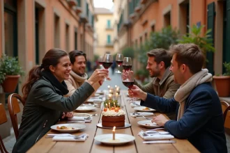Groupe d'amis fêtant un anniversaire en terrasse dans le Vieux-Lyon avec des verres de vin et un gâteau d'anniversaire