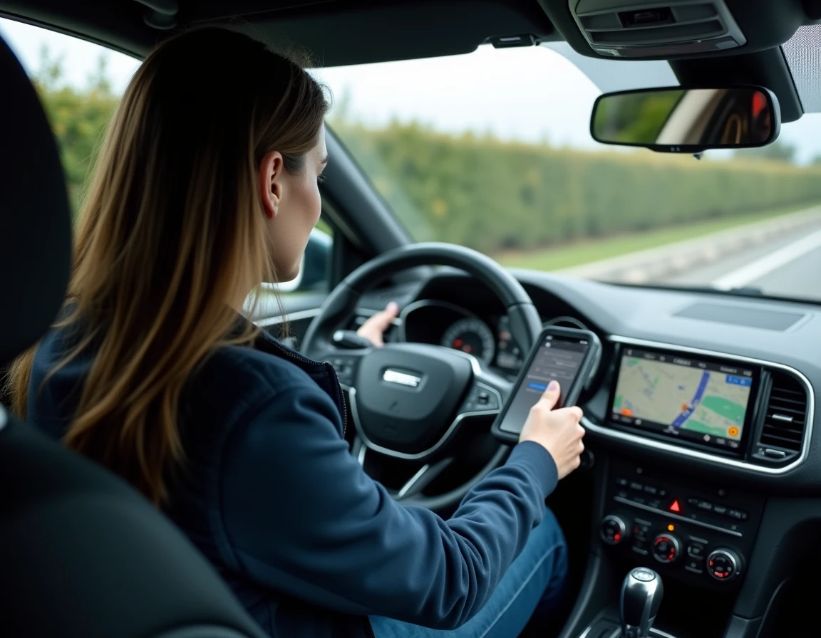 Femme consultant l'application Michelin sur smartphone dans une voiture garée sur une aire d'autoroute