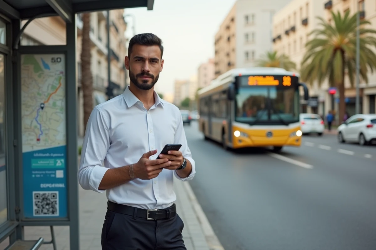 Jeune homme consultant son téléphone à un arrêt de bus de Casablanca pour se rendre au CMN