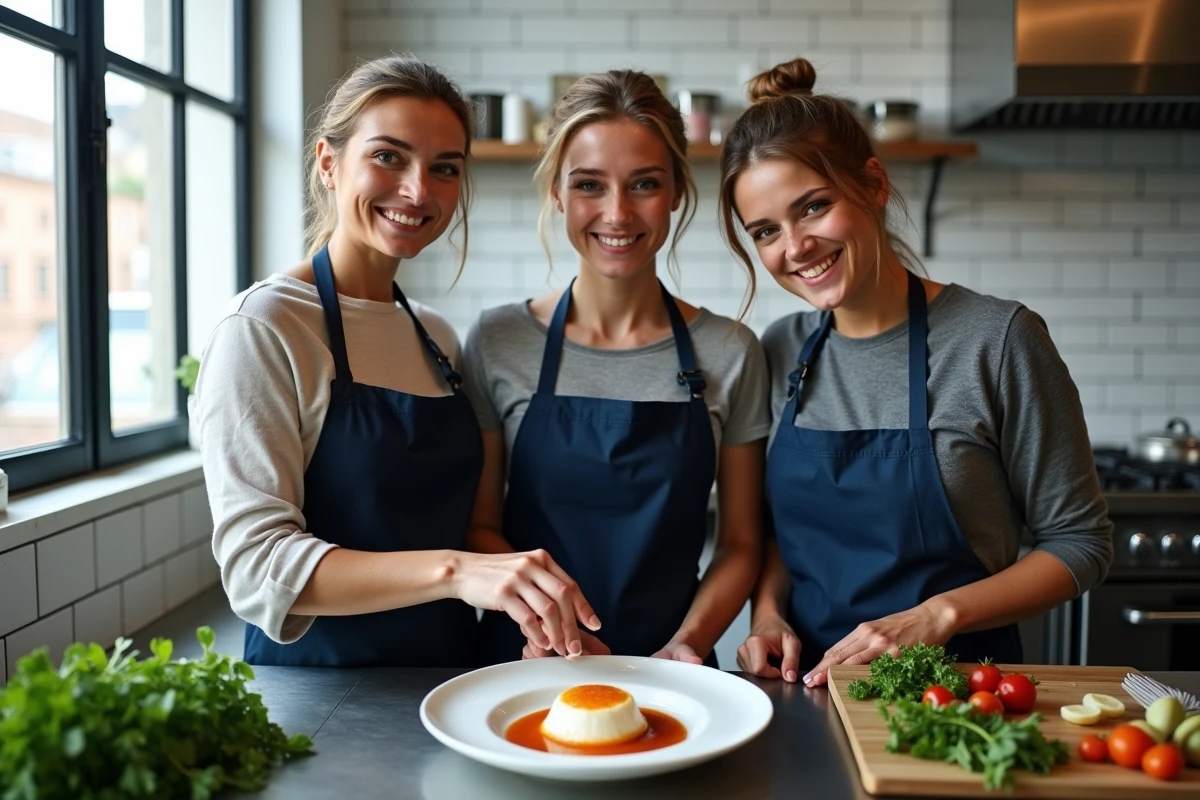 Trois amies réalisant un atelier de cuisine lyonnaise ensemble pour célébrer un anniversaire à Lyon