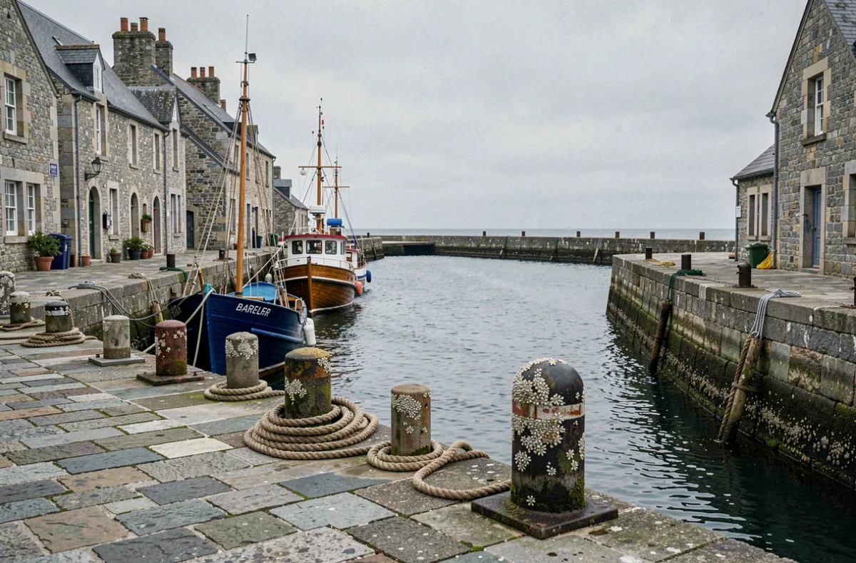 Port de Barfleur avec ses bateaux de pêche amarrés le long des quais en granit gris, village côtier de la Manche en Normandie