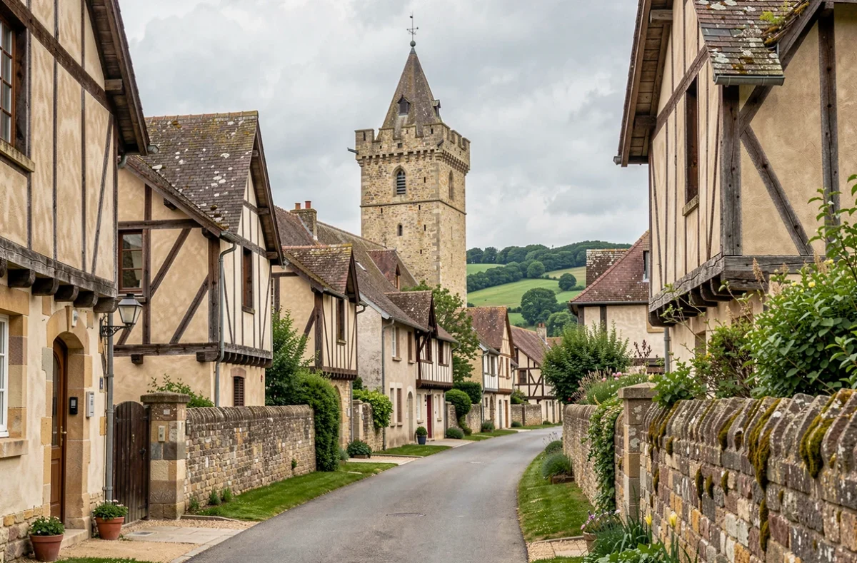 Tour de l'abbaye du Bec-Hellouin dominant le village à colombages de l'Eure, entre architecture monastique et maisons normandes