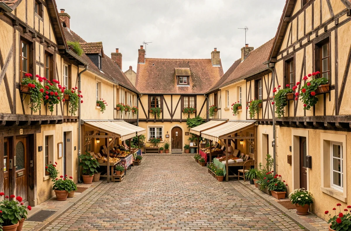 Place centrale de Beuvron-en-Auge entourée de maisons à colombages normandes fleuries, carte postale du Pays d'Auge