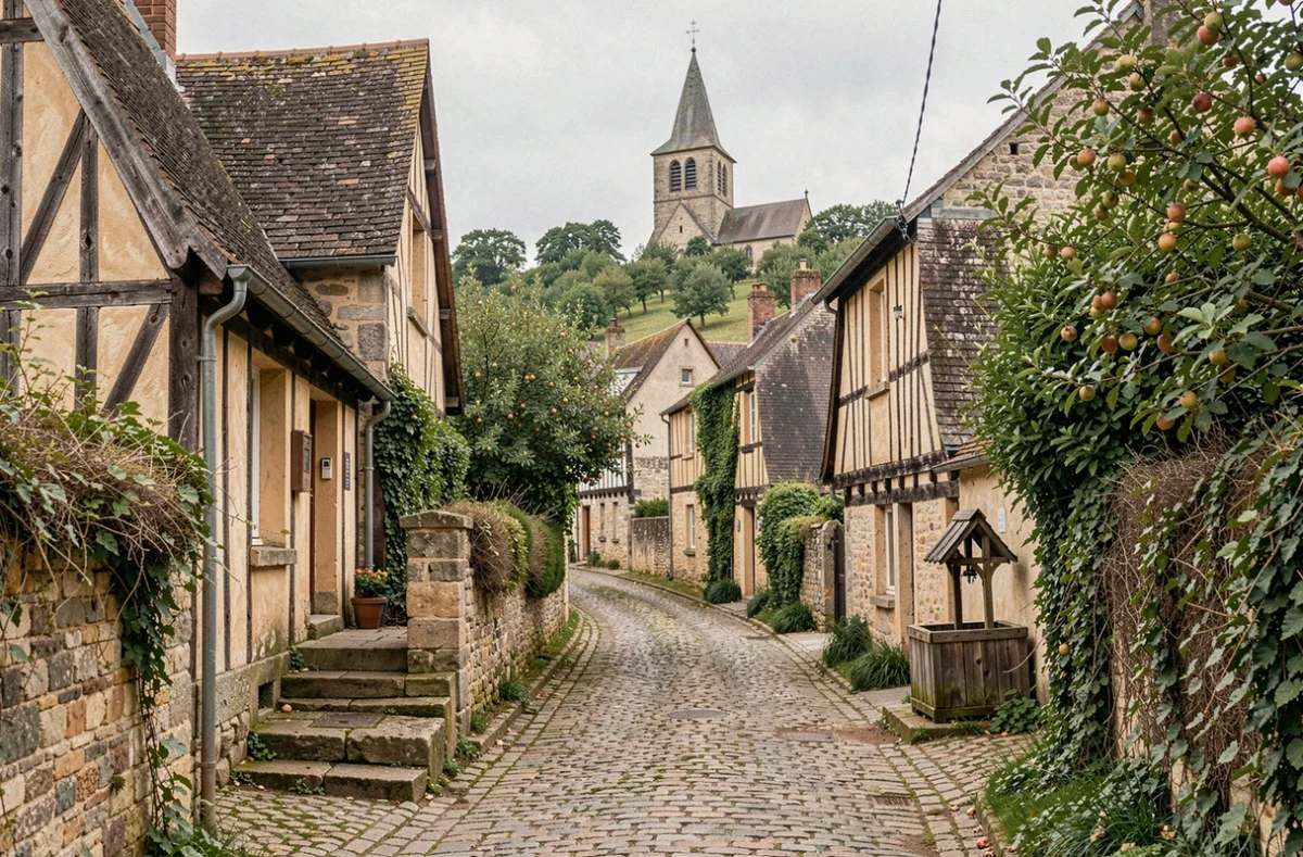 Rue pavée et maisons à colombages du village secret de Blangy-le-Château dans le Pays d'Auge, avec l'église médiévale en arrière-plan