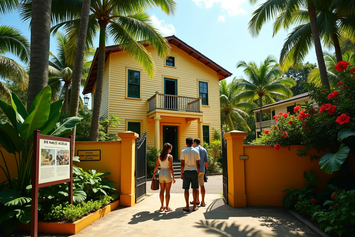 Façade du Bob Marley Museum entourée de jardins tropicaux luxuriants à Kingston, Jamaïque