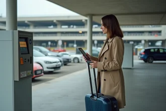 Femme en train de consulter une borne de paiement du parking P5 à l'aéroport de Toulouse-Blagnac avec sa valise