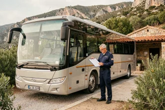 Bus régional stationné à un arrêt côtier en Corse du Sud avec chauffeur consultant un horaire