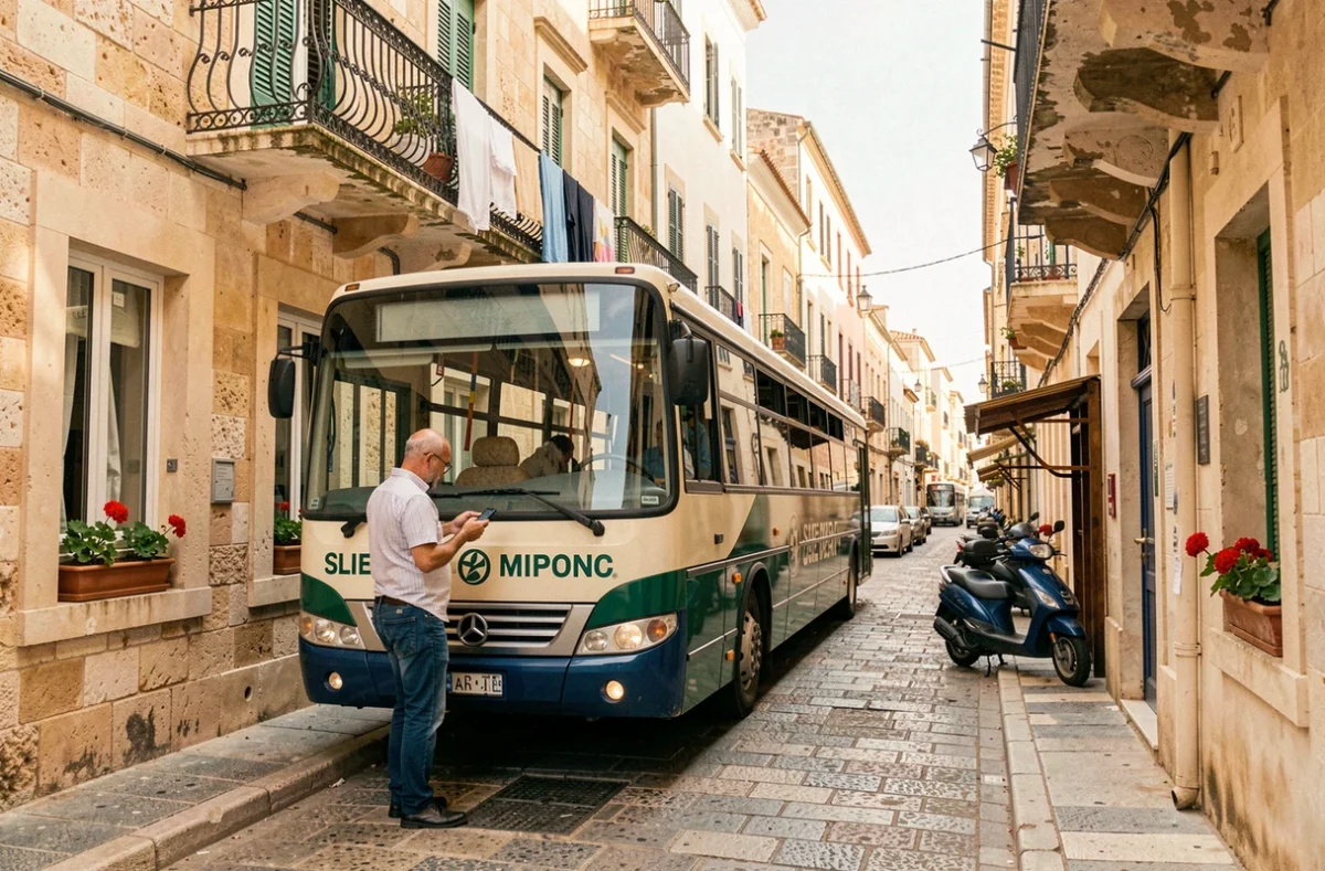 Bus local s'arrêtant dans une rue en pierre de Sliema avec des façades en calcaire maltais typiques