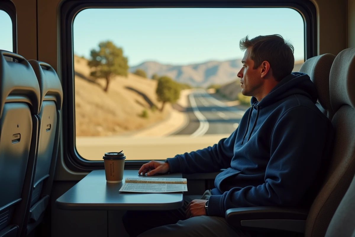 Passager regardant par la fenêtre d'un bus entre Los Angeles et San Francisco sur la route californienne