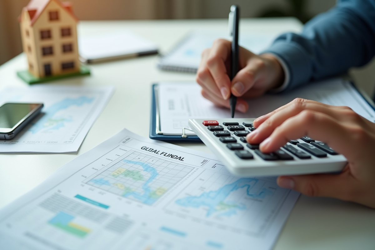 Main tenant une calculatrice avec documents financiers et carte