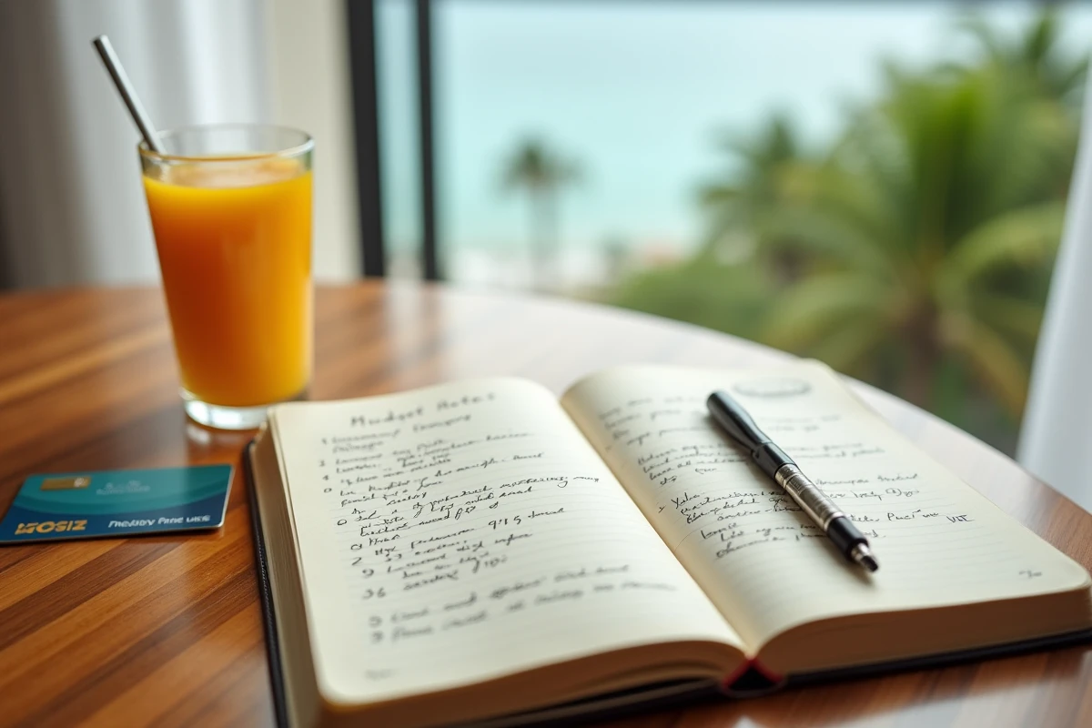 Carnet de notes budget ouvert avec astuces voyage posé sur une table en bambou dans une chambre d'hôtel de luxe en Guadeloupe