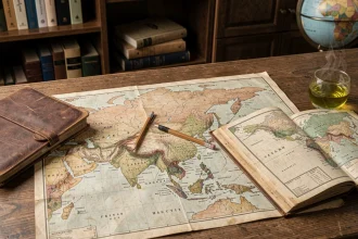 Carte géographique vintage de l'Asie posée sur un bureau en bois avec atlas ouvert et stylo, ambiance studieuse