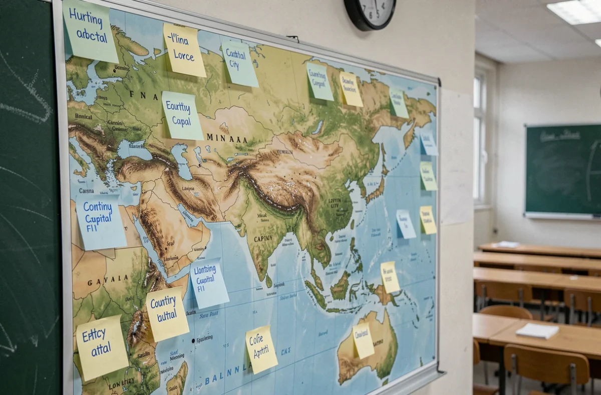 Grande carte physique de l'Asie avec capitales et notes collantes sur un mur de salle de classe