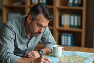 Homme étudiant une carte Michelin papier sur un bureau en bois avec des calculs de coût de trajet