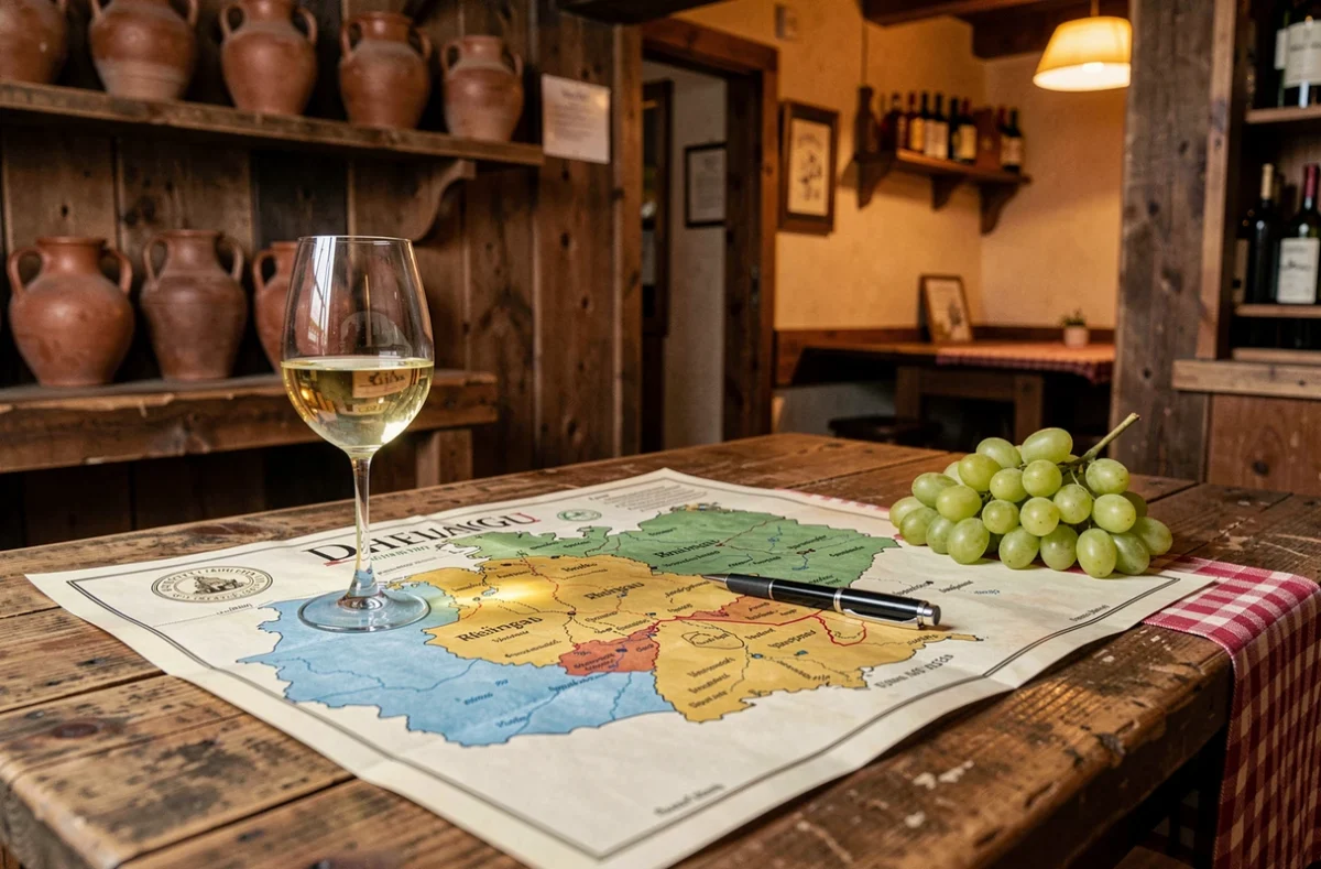 Carte viticole de l'Allemagne posée sur une table en bois dans une taverne avec un verre de vin blanc
