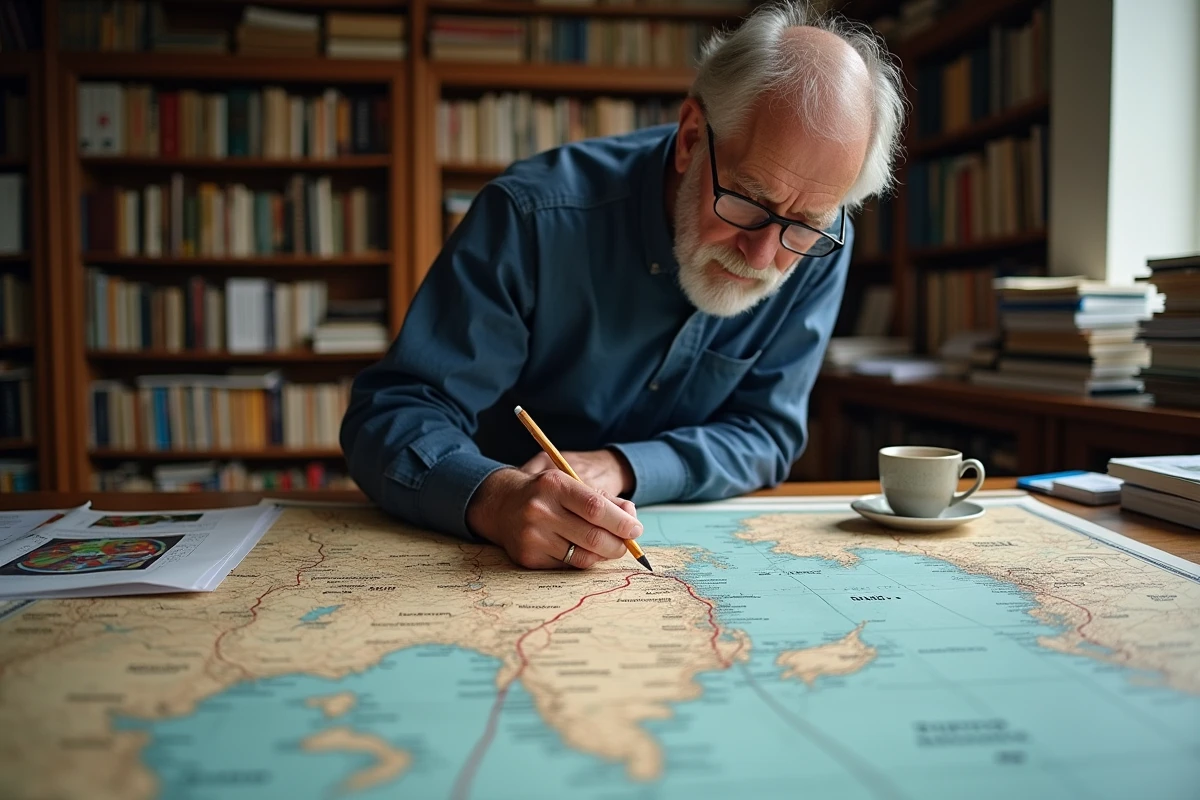 Cartographe islandais étudiant une carte géopolitique de l'Atlantique Nord montrant les routes OTAN et les câbles sous-marins