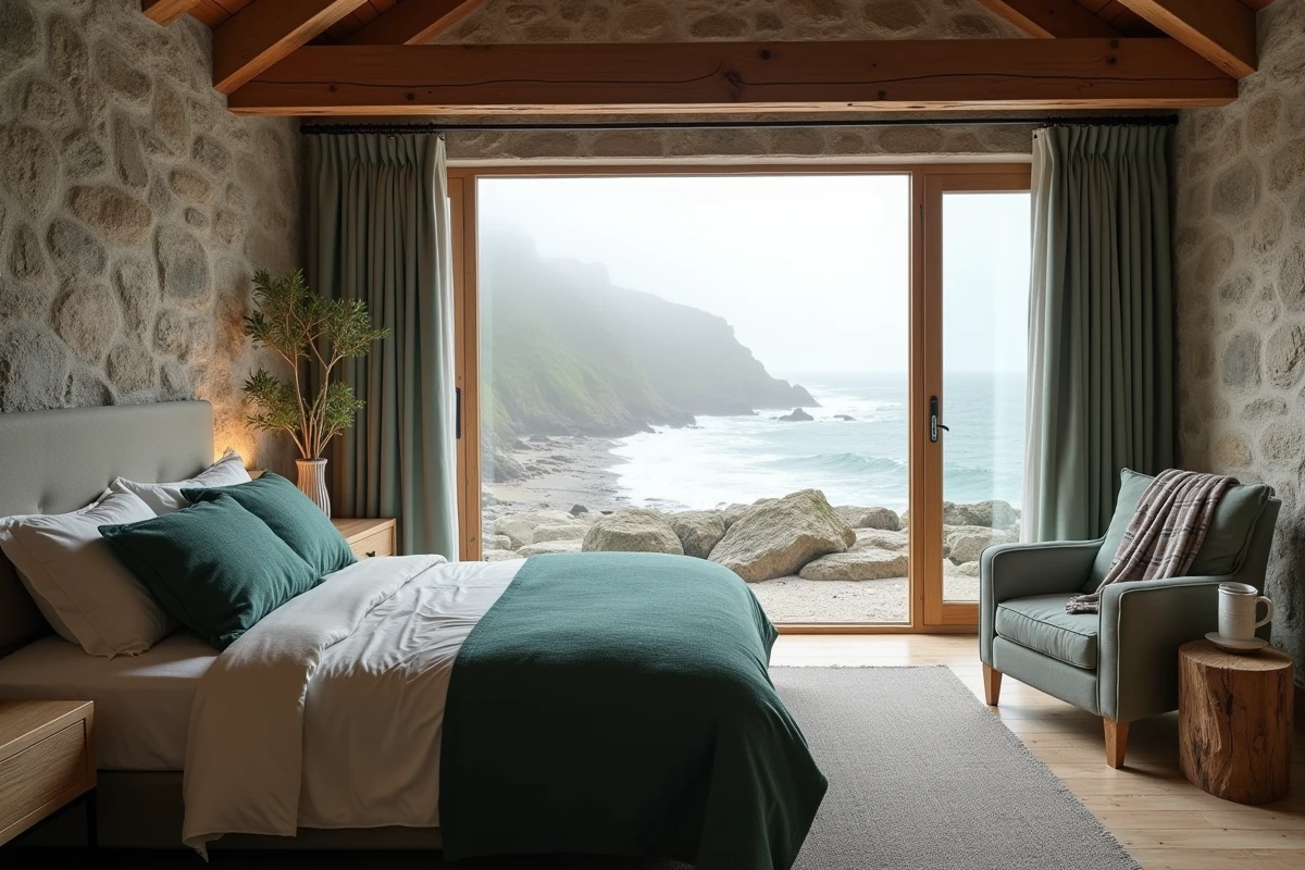 Chambre d'hôtel de charme en Bretagne avec vue sur la mer et décoration en pierre et bois brut