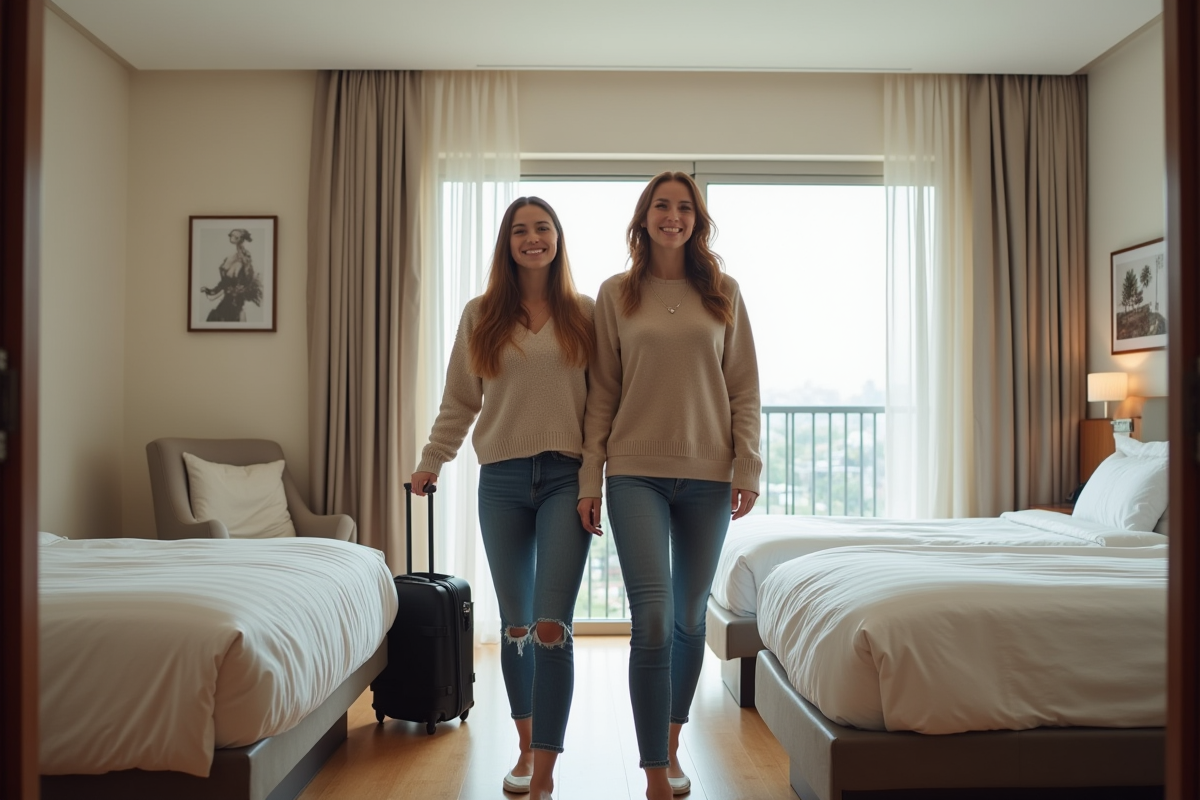 Deux femmes dans une chambre d'hôtel moderne et lumineuse