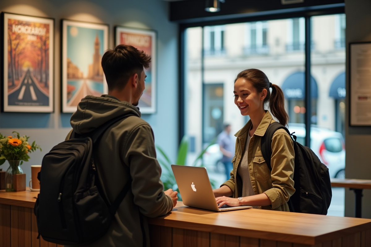 Femme backpacker faisant son check-in à la réception d