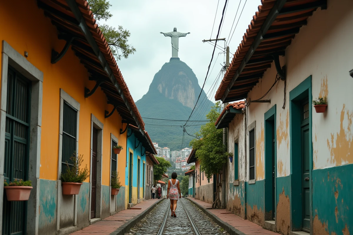 Le Christ Rédempteur aperçu depuis une ruelle pavée du quartier Santa Teresa à Rio, encadré par des façades colorées et une atmosphère de vie locale