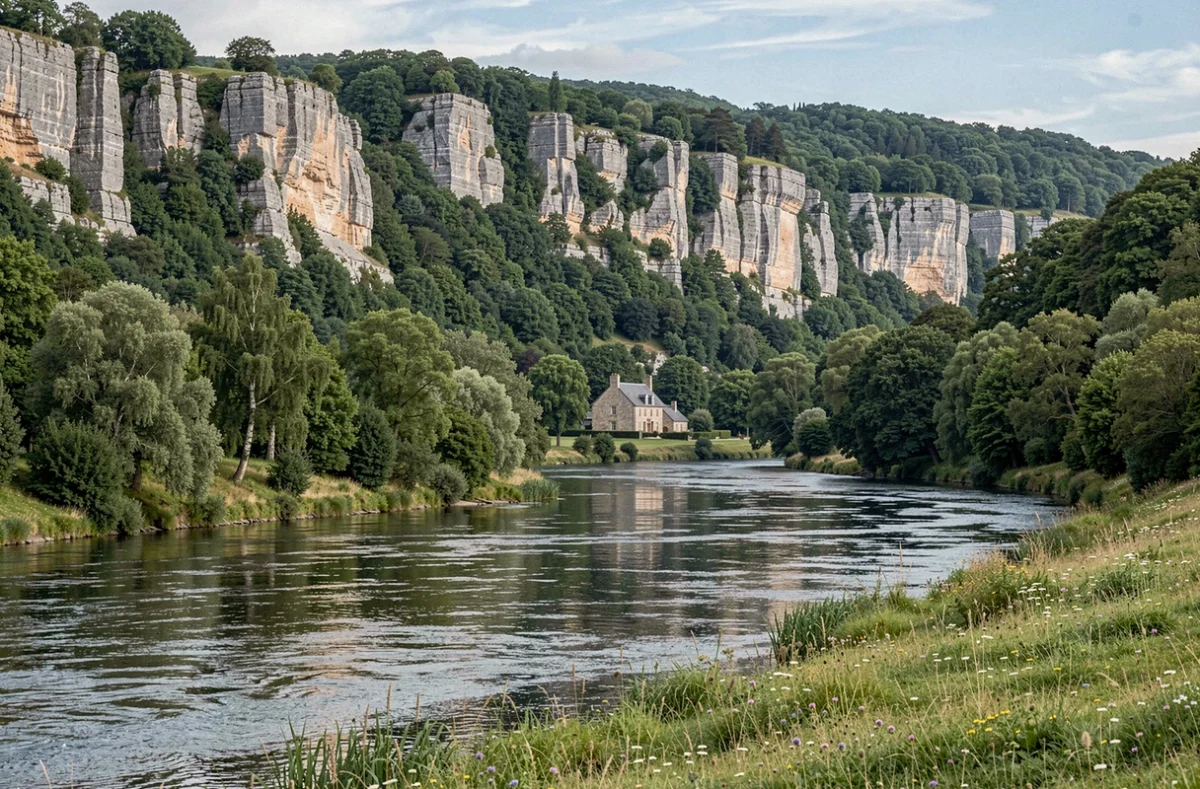 Falaises du Pain de Sucre et méandre de l'Orne à Clécy, capitale de la Suisse normande avec forêts et rochers calcaires