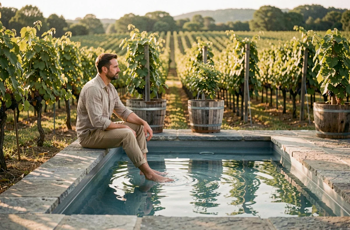 Piscine du Clos des Vignes entourée de vignes en été dans le Loir-et-Cher