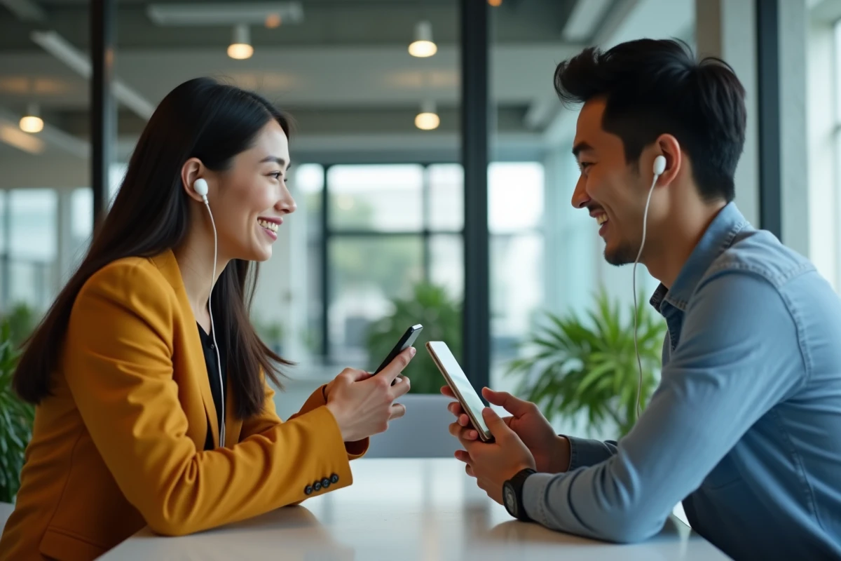 Deux collègues franco-japonais consultant leurs smartphones affichant des heures différentes dans un espace de coworking moderne, illustrant la gestion du décalage horaire entre la France et le Japon