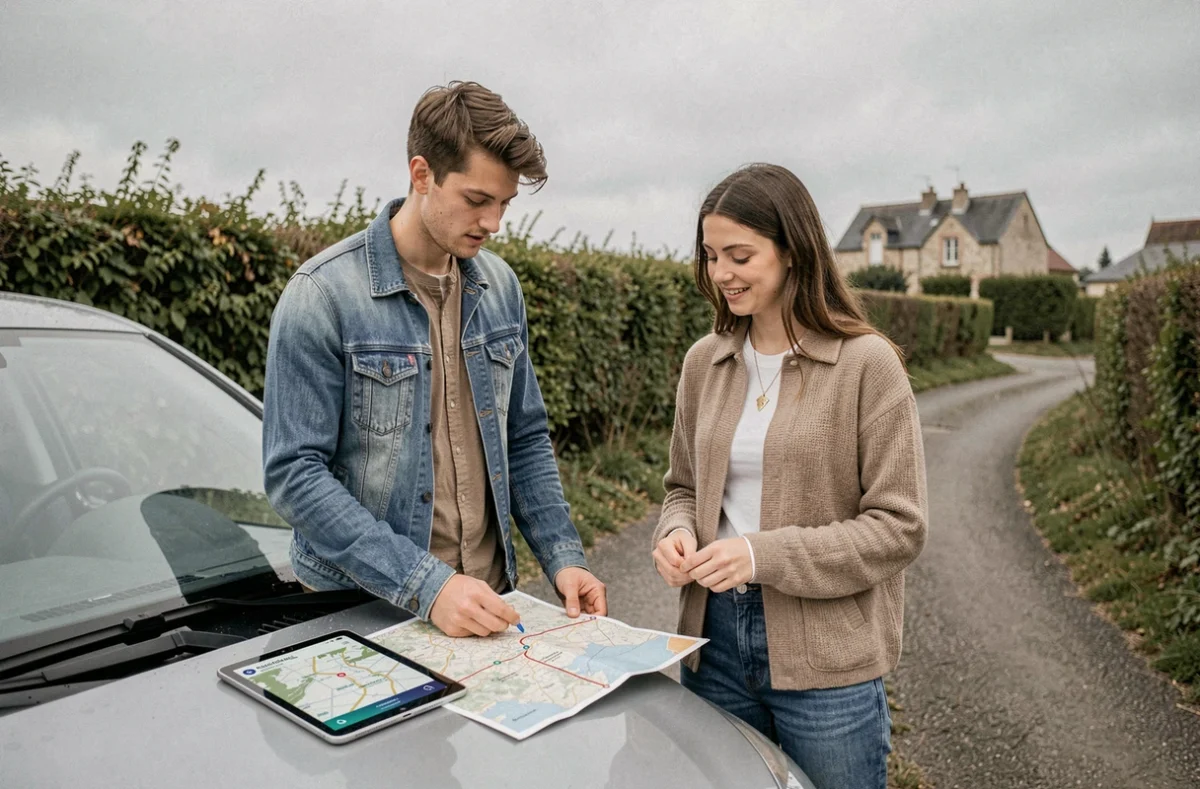 Couple comparant une carte papier et une application de cartographie numérique sur le bord d'une route de campagne française