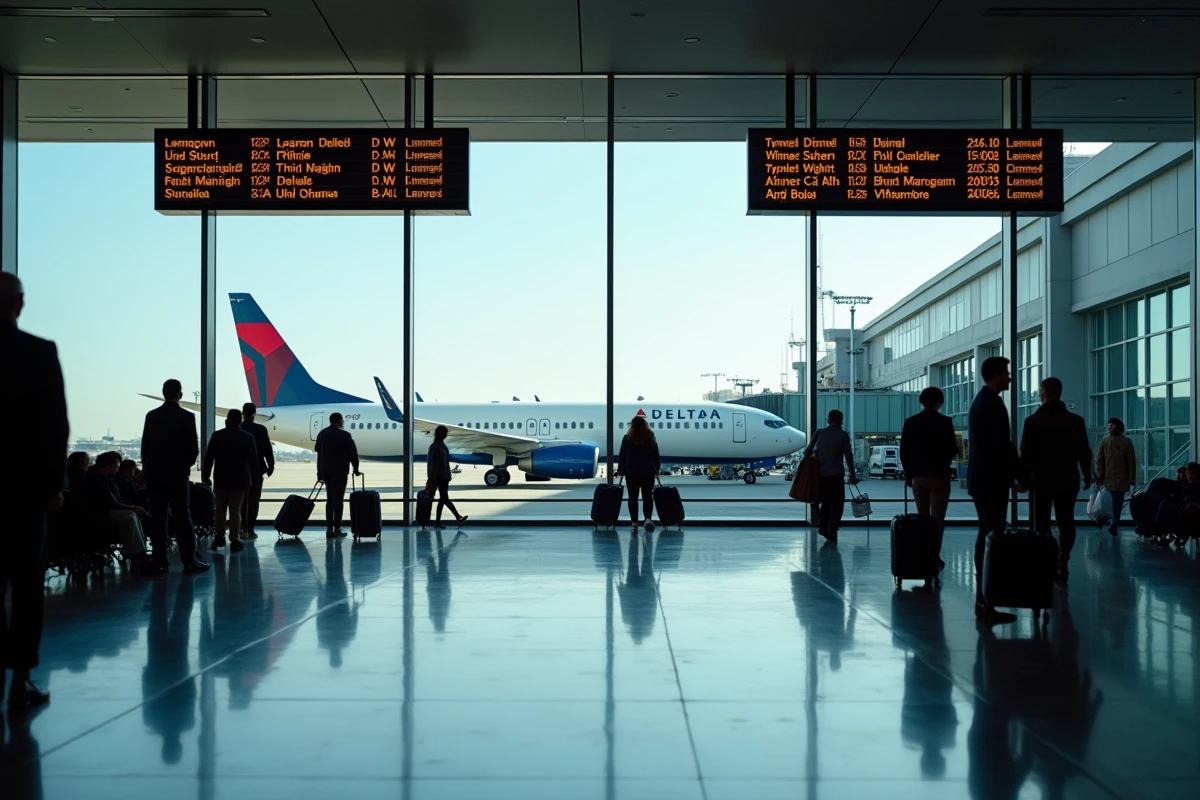 Concourse aéroportuaire animé avec un avion Delta Airlines visible depuis les baies vitrées et tableau des départs