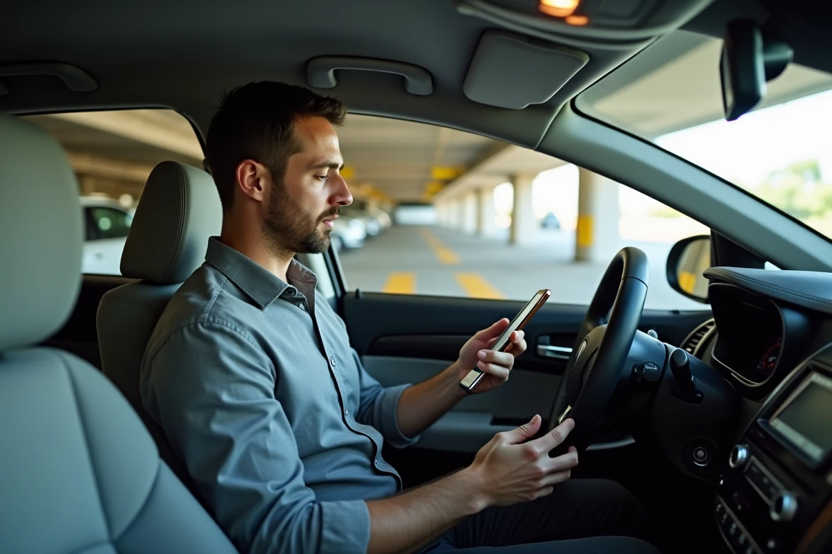 Conducteur vérifiant son ticket de parking et une application mobile dans un parking couvert de l'aéroport de Toulouse