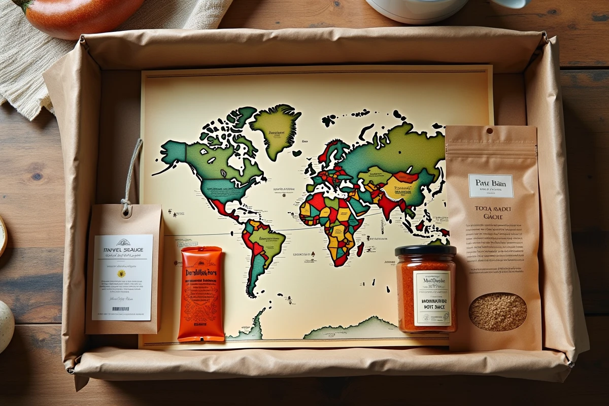 Vue en plongée du contenu d'une box culinaire voyage avec épices, carte du monde et fiches producteurs sur table en bois