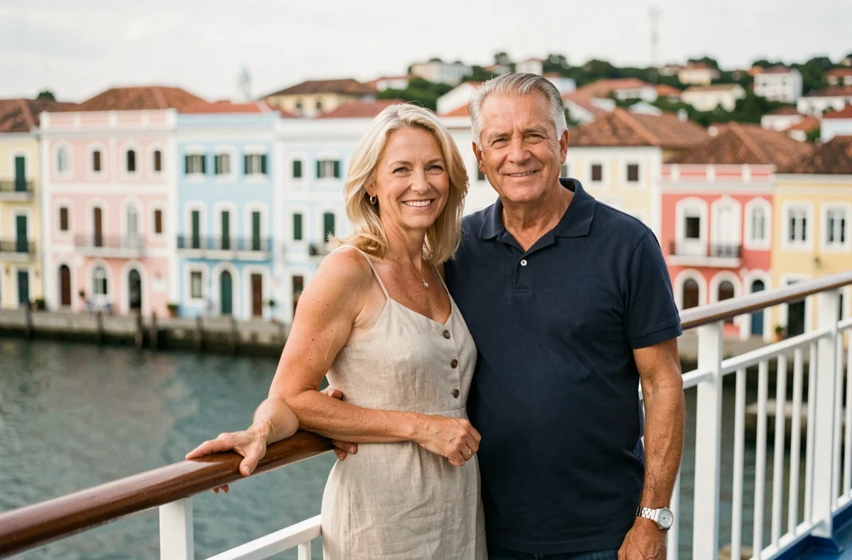 Couple de voyageurs sur le balcon d'une cabine MSC admirant un port lors d'un tour du monde en croisière