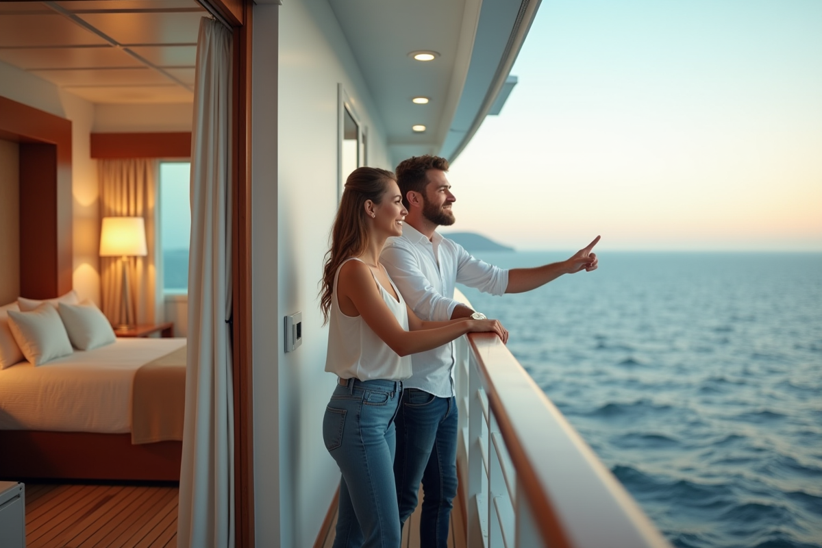 Jeune couple sur balcon de croisiere regardant l horizon