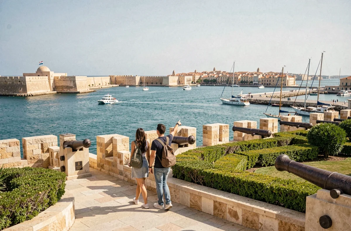 Couple au belvédère des jardins Barrakka à La Valette avec vue panoramique sur le Grand Port de Malte