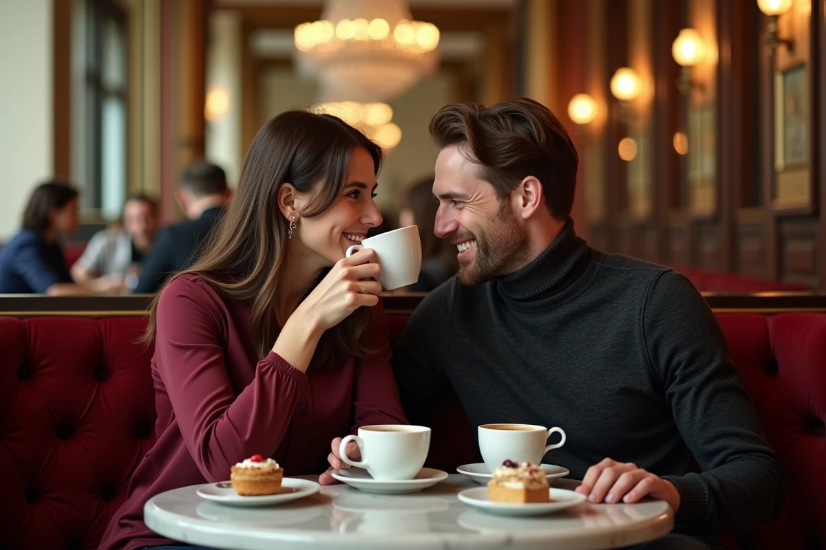 Couple en amoureux dégustant un café dans un grand café viennois au décor baroque avec miroirs dorés et banquettes en velours