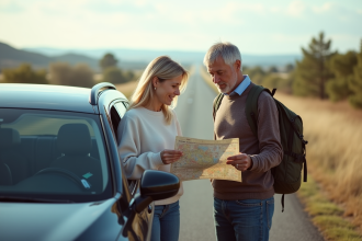 Couple regardant une carte à côté d'une voiture sur l'autoroute