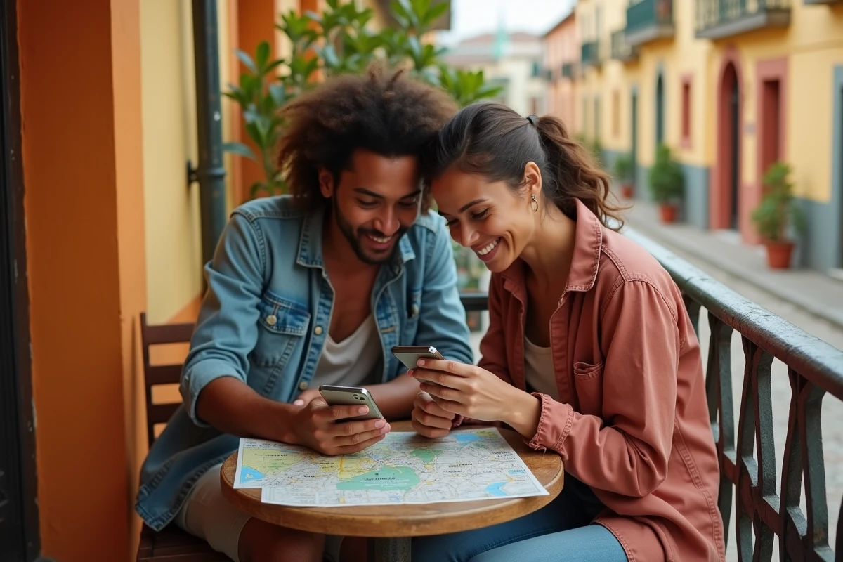 Couple planifiant un itinéraire avec une carte offline du Sénégal dans un café de Saint-Louis