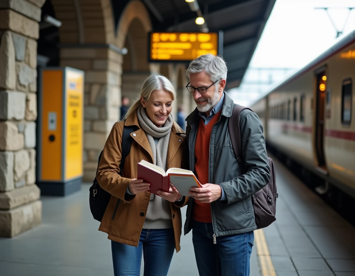 Couple comparant deux pass Eurail première et seconde classe sur un quai de gare européenne animé