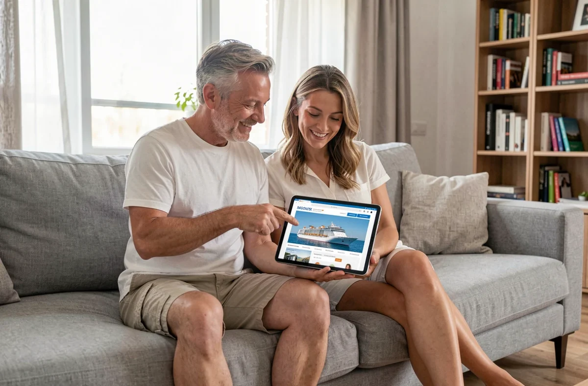 Couple recherchant et comparant des croisières en ligne sur une tablette dans leur salon